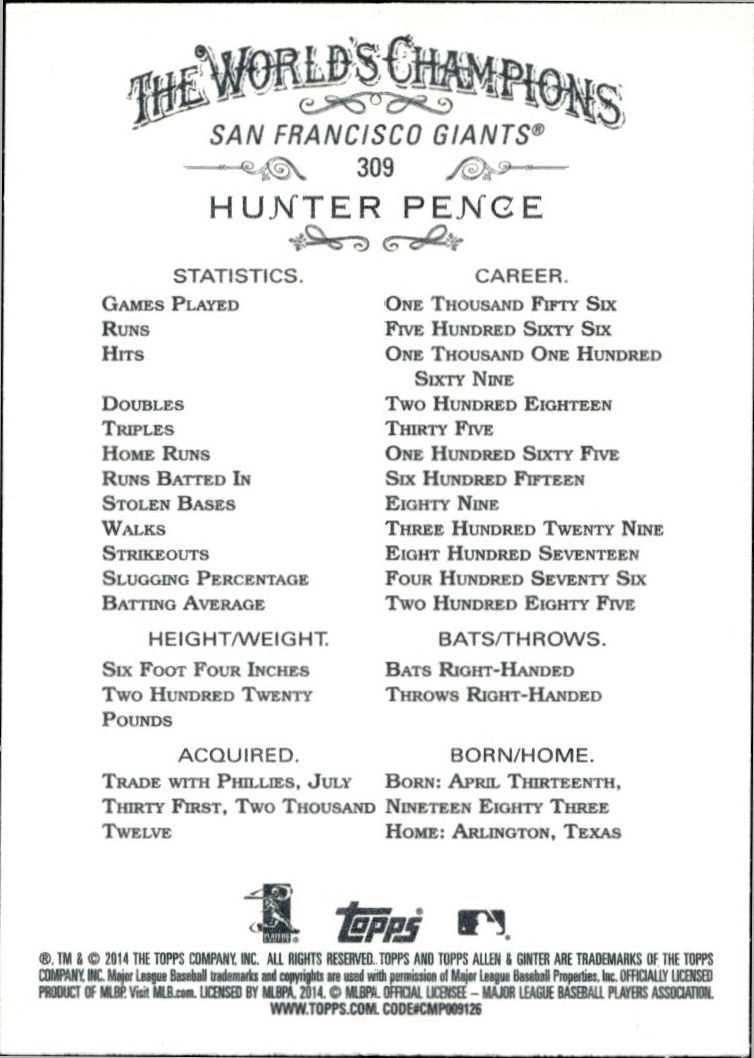 2014 Topps Allen & Ginter Hunter Pence #309 baseball trading card back
