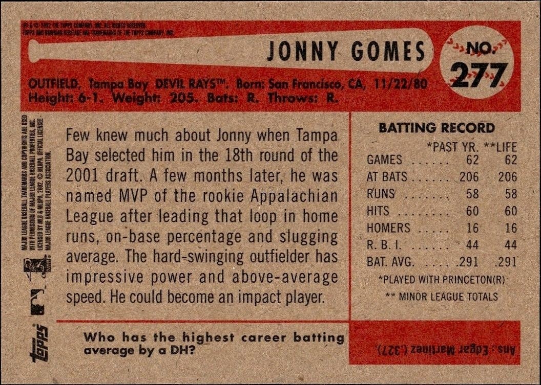 2002 Bowman Heritage Jonny Gomes #277 baseball trading card back