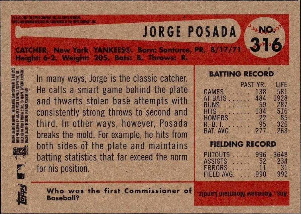 2002 Bowman Heritage Jorge Posada #316 baseball trading card back