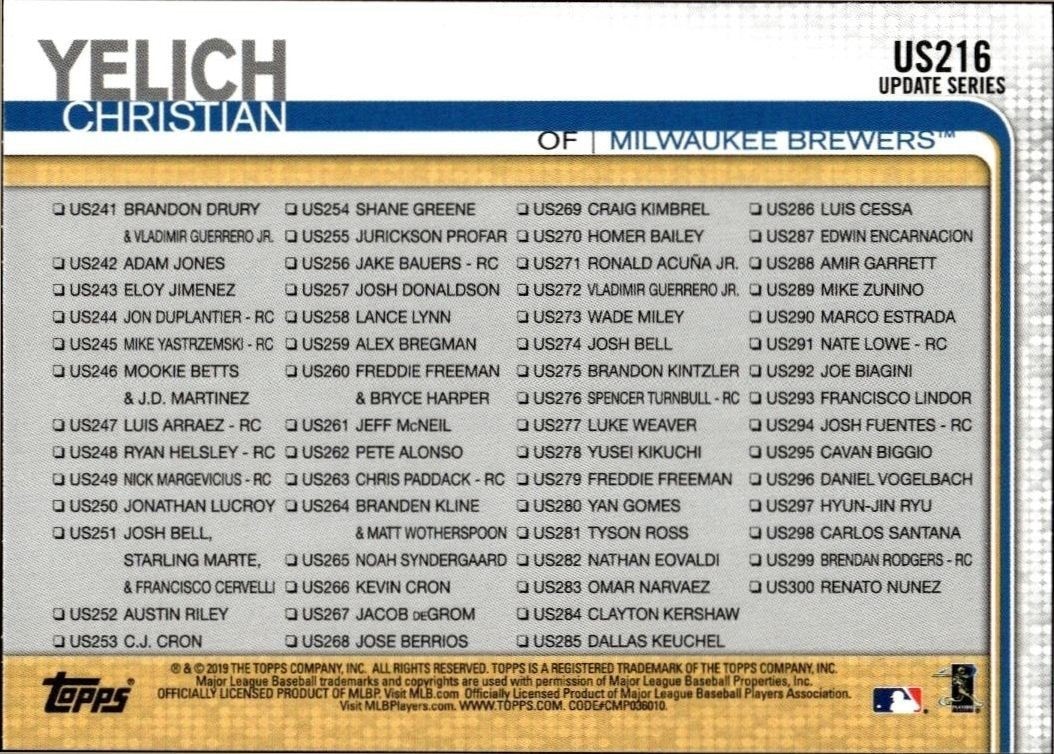 2019 Topps Update Series Christian Yelich #US216 baseball trading card back