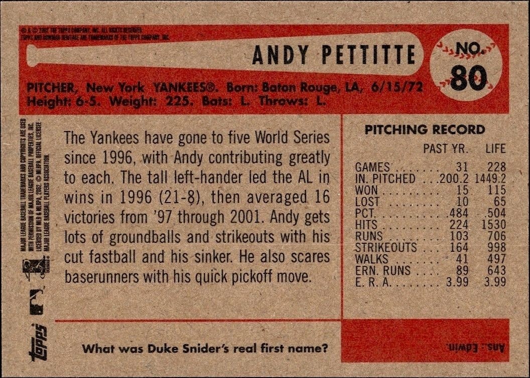 2002 Bowman Heritage Andy Pettitte #80 baseball trading card back