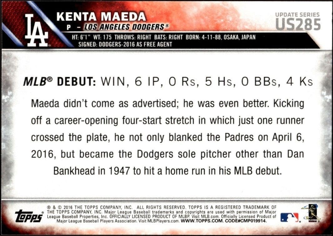 2016 Topps Update Kenta Maeda #US285 baseball trading card back