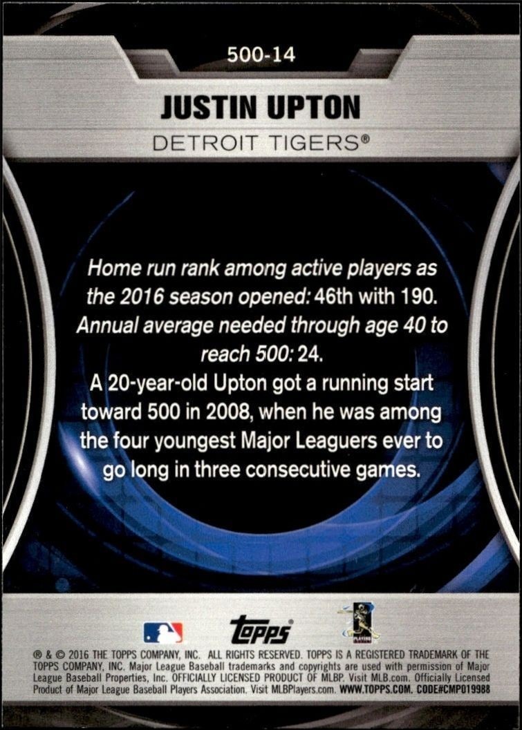 2016 Topps Update Justin Upton #500-14 baseball trading card back