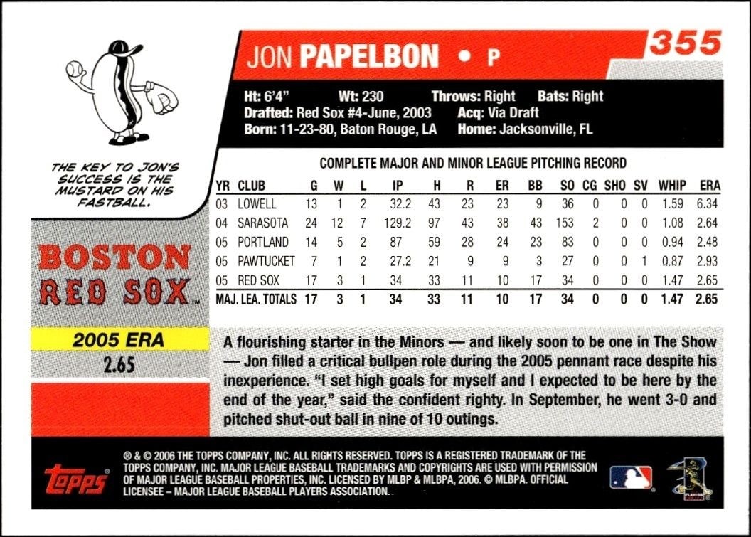 2006 Topps Jonathan Papelbon #355 baseball trading card back