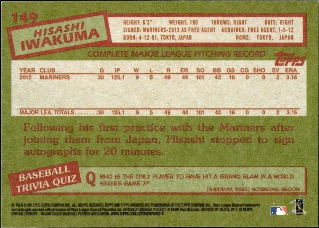 2013 Topps Archives Hisashi Iwakuma #149 baseball trading card back