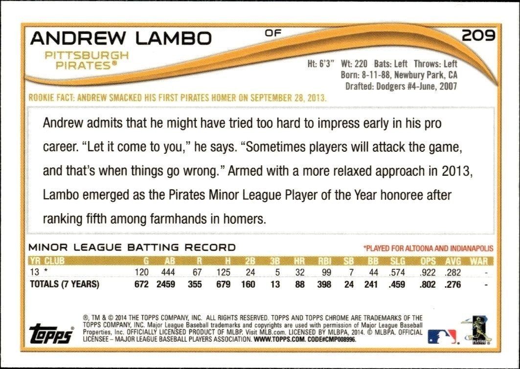2014 Topps Chrome Andrew Lambo #209 baseball trading card back