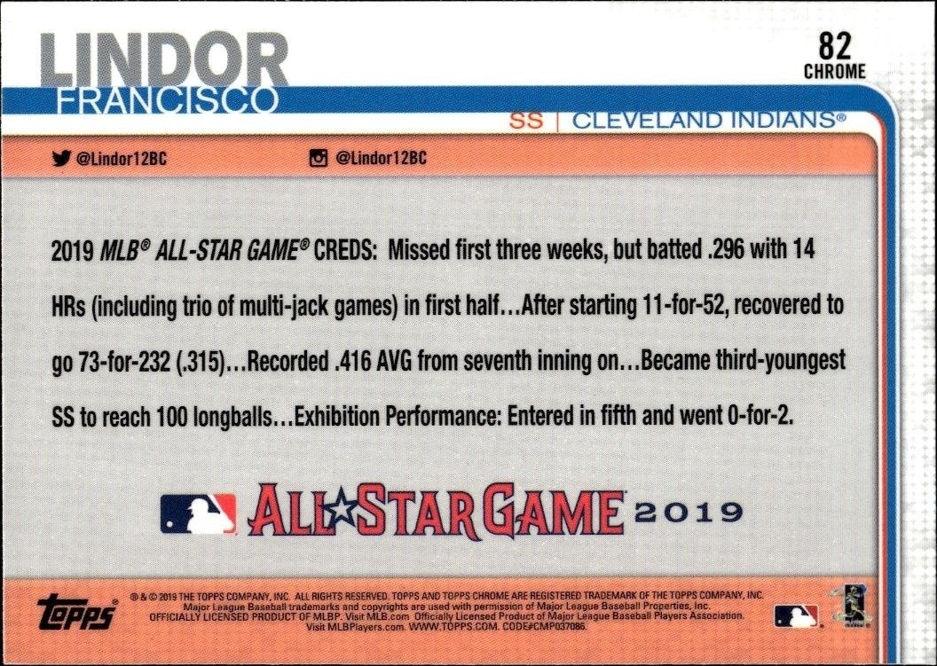 2019 Topps Chrome Francisco Lindor #82 baseball trading card back