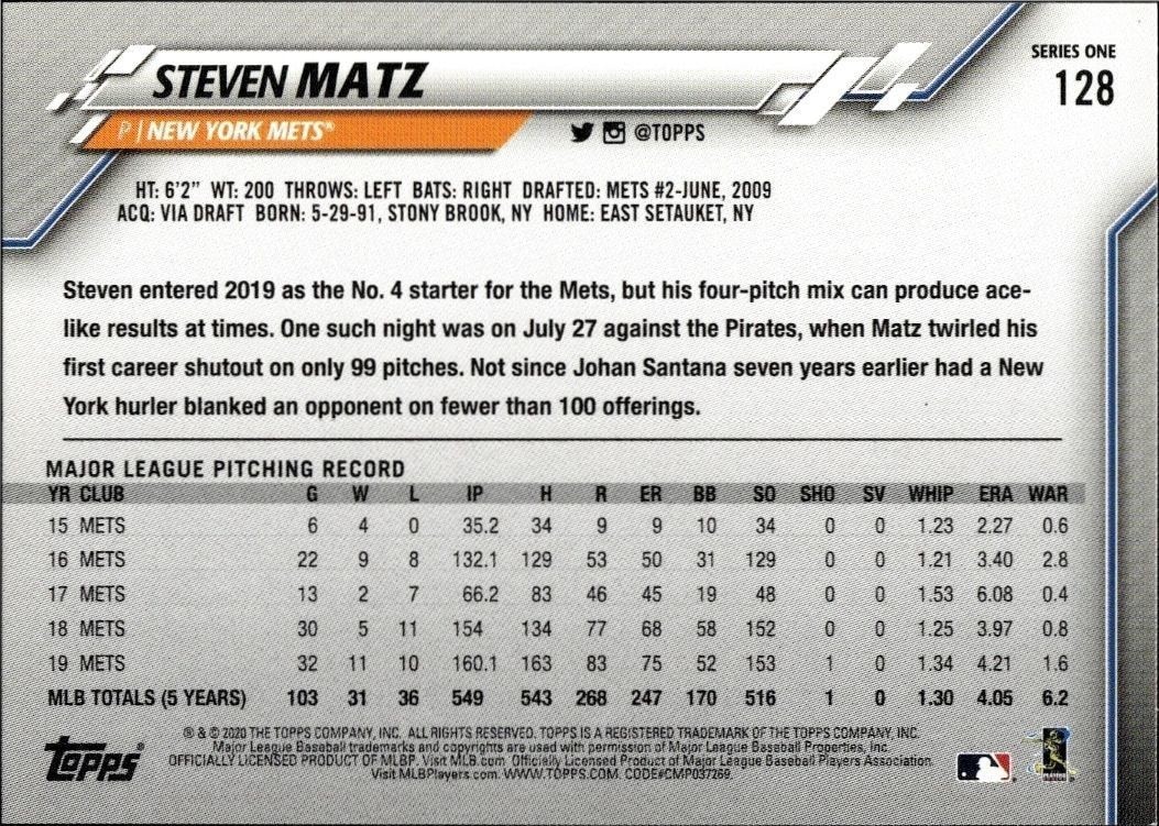 2020 Topps Steven Matz #128 baseball trading card back