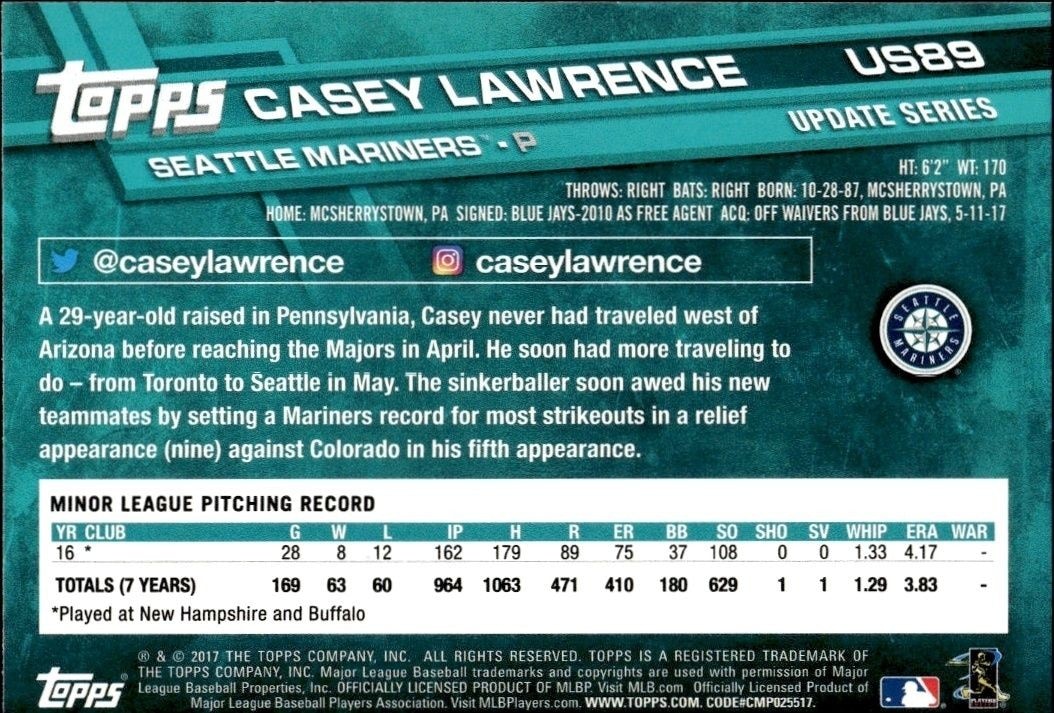2017 Topps Update Casey Lawrence #US89 baseball trading card back