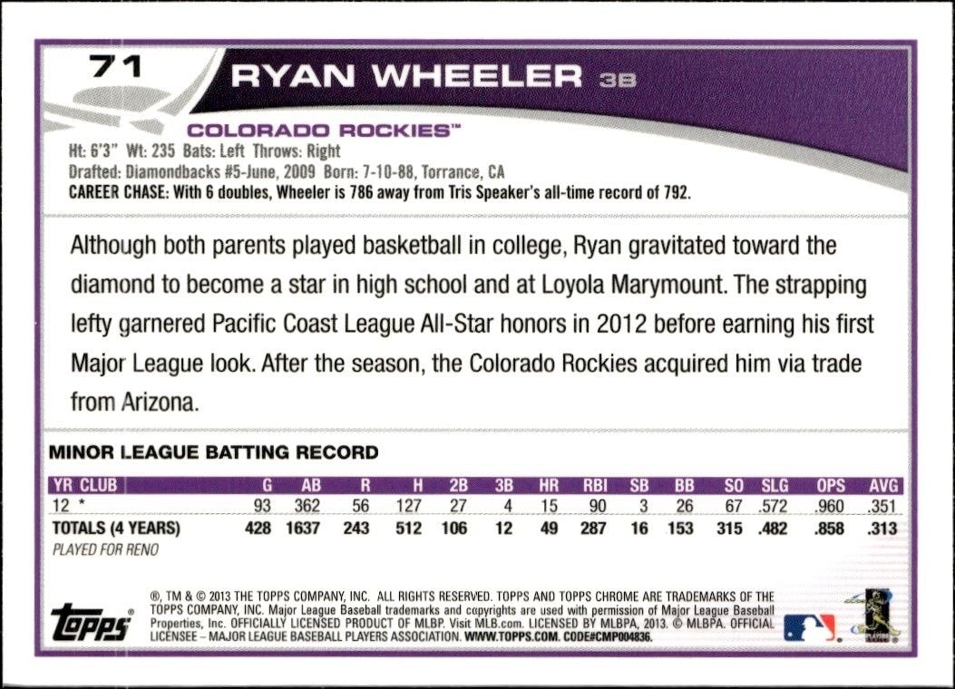 2013 Topps Chrome Ryan Wheeler #71 baseball trading card back