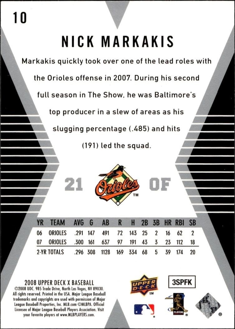 2008 Upper Deck X Nick Markakis #10 baseball trading card back