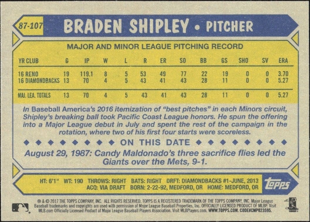 2017 Topps Braden Shipley #87-107 baseball trading card back