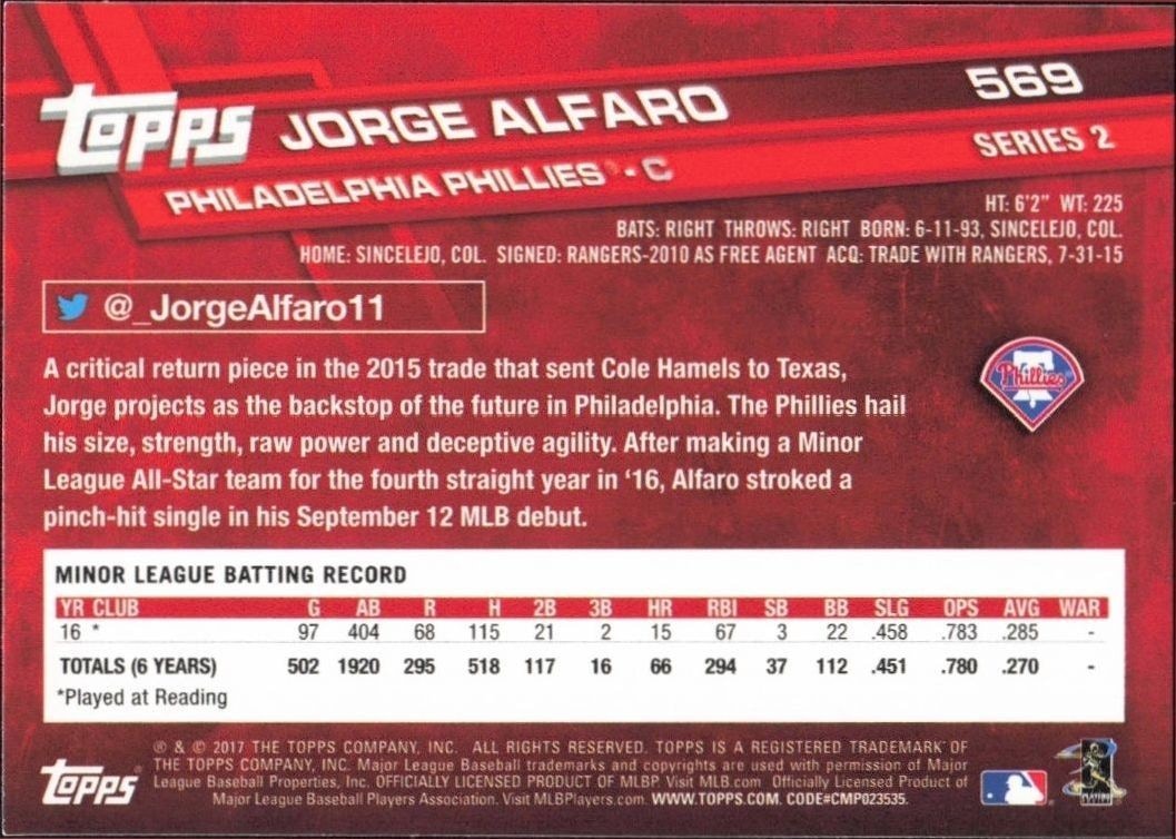 2017 Topps Series 2 Jorge Alfaro #569 baseball trading card back