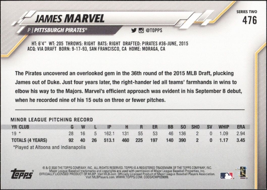 2020 Topps James Marvel #476 baseball trading card back