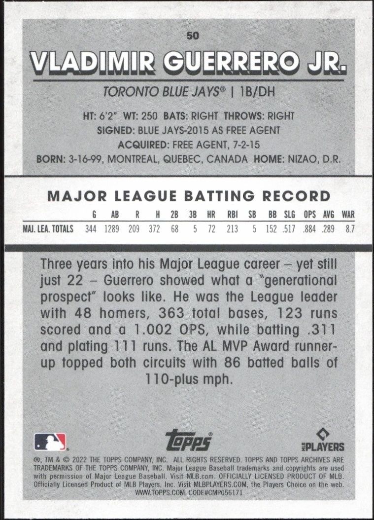 2022 Topps Archives Snapshots Vladimir Guerrero Jr. #50 baseball trading card back