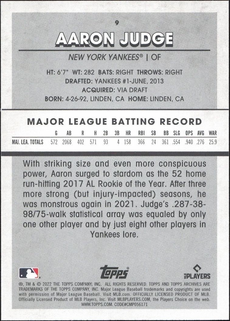 2022 Topps Archives Snapshots Aaron Judge #9 baseball trading card back