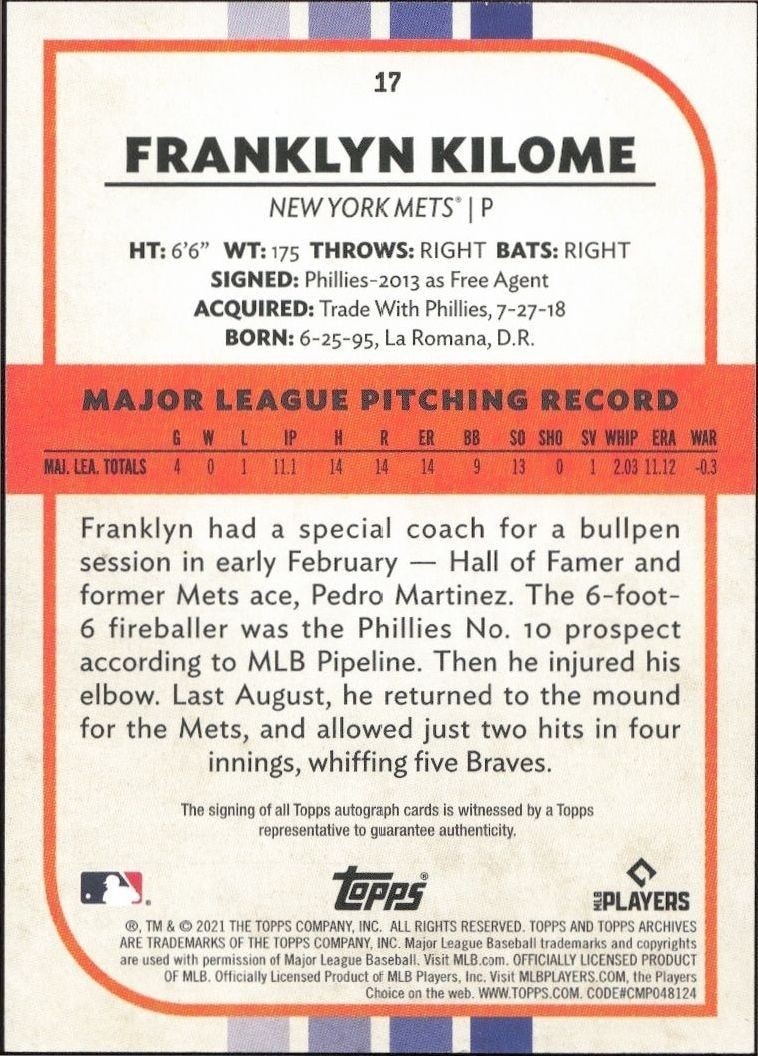 2021 Topps Archives Snapshots Franklyn Kilome #17 baseball trading card back