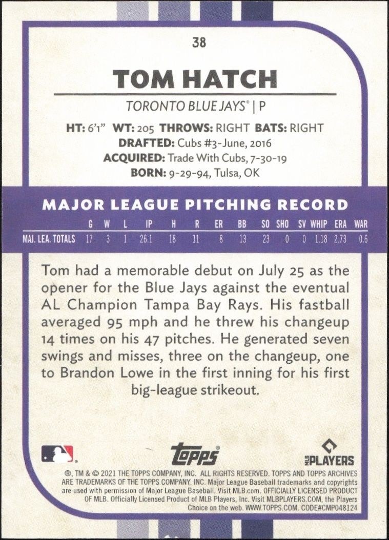 2021 Topps Archives Snapshots Tom Hatch #38 baseball trading card back