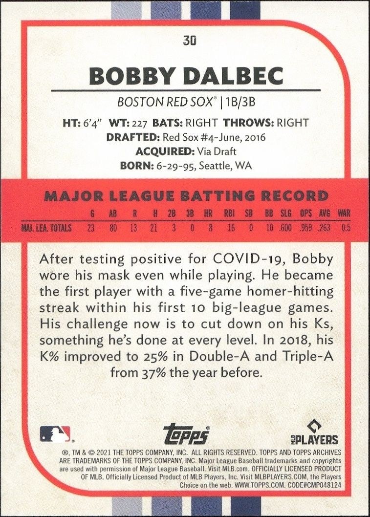 2021 Topps Archives Snapshots Bobby Dalbec #30 baseball trading card back