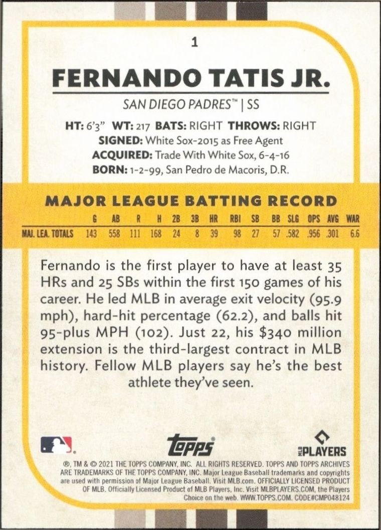 2021 Topps Archives Snapshots Fernando Tatis Jr. #1 baseball trading card back