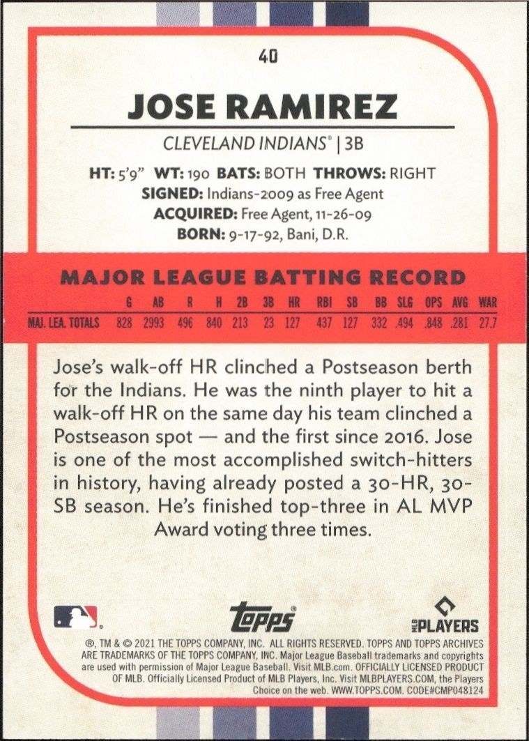 2021 Topps Archives Snapshots Jose Ramirez #40 baseball trading card back