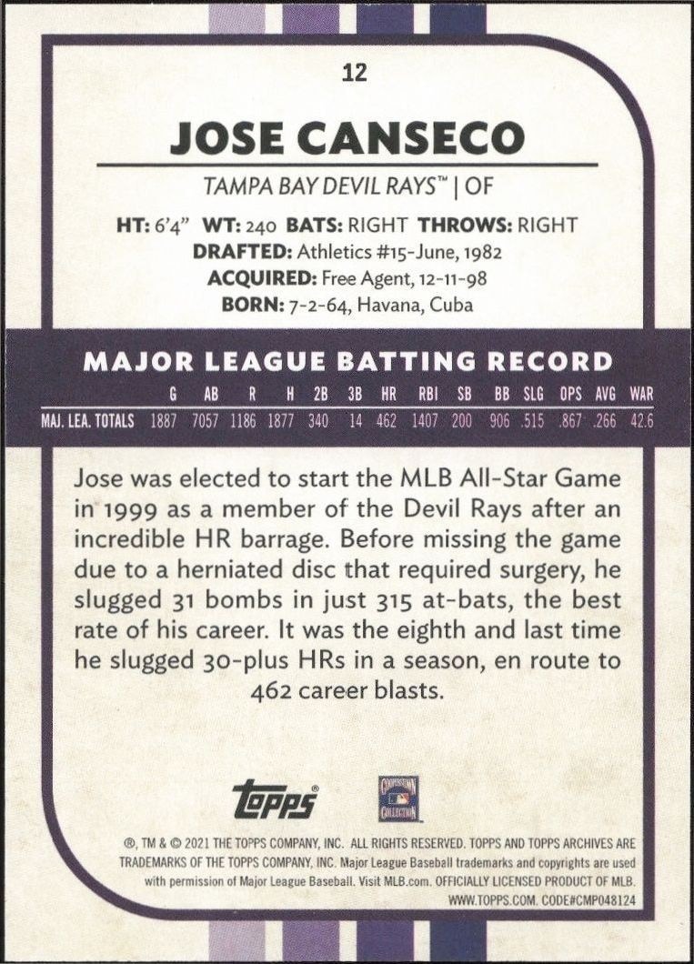 2021 Topps Archives Snapshots Jose Canseco #12 baseball trading card back