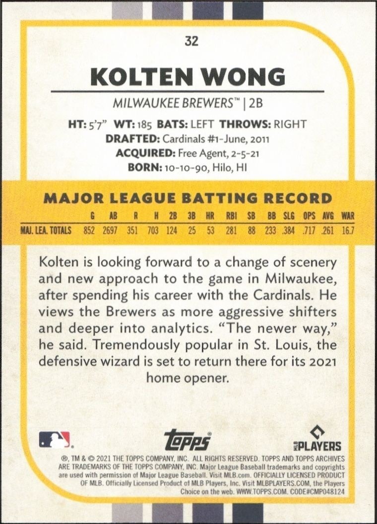 2021 Topps Archives Snapshots Kolten Wong #32 baseball trading card back