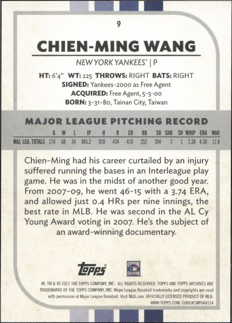 2021 Topps Archives Snapshots Chien-Ming Wang #9 baseball trading card back