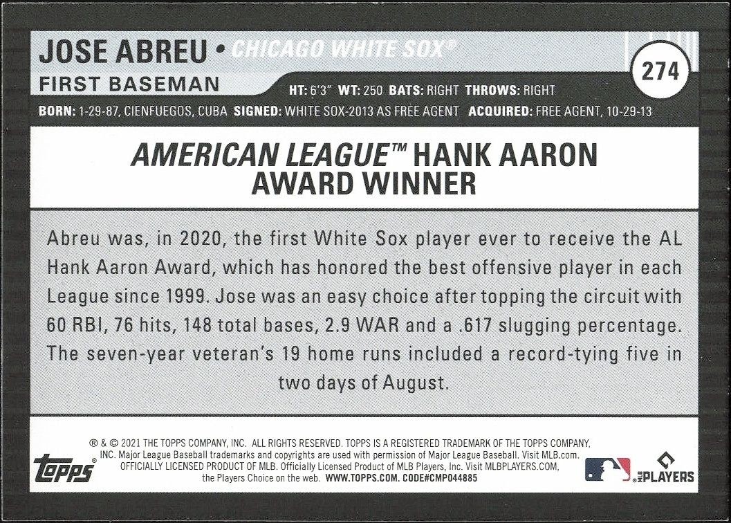 2021 Topps Big League Jose Abreu #274 baseball trading card back