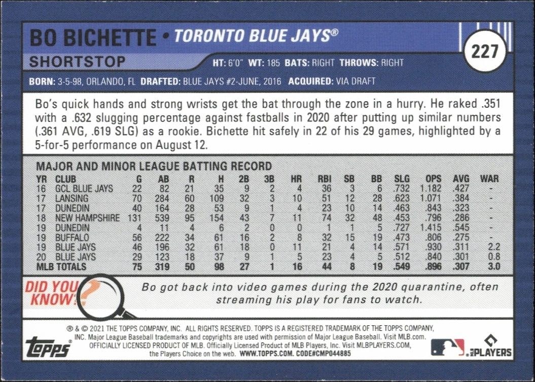 2021 Topps Big League Bo Bichette #227 baseball trading card back