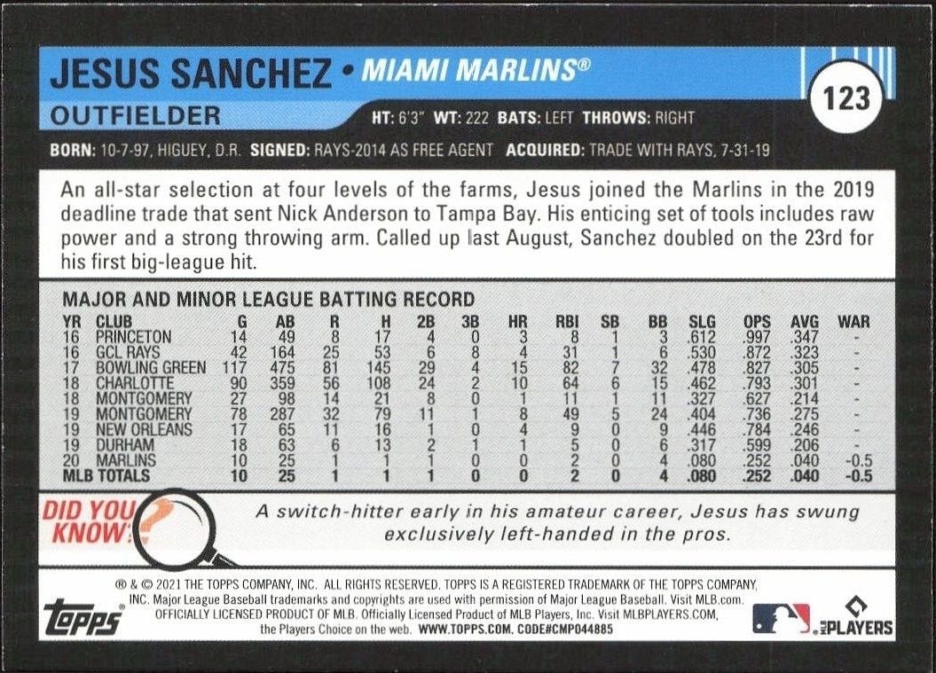 2021 Topps Big League Jesus Sanchez #123 baseball trading card back