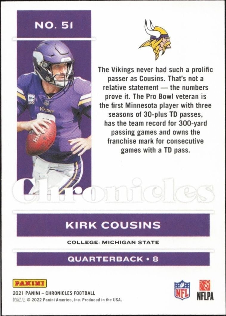 2021 Panini Chronicles Kirk Cousins #51 football trading card back