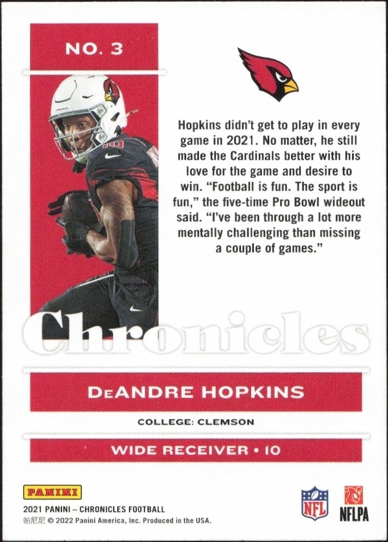 2021 Panini Chronicles DeAndre Hopkins #3 football trading card back