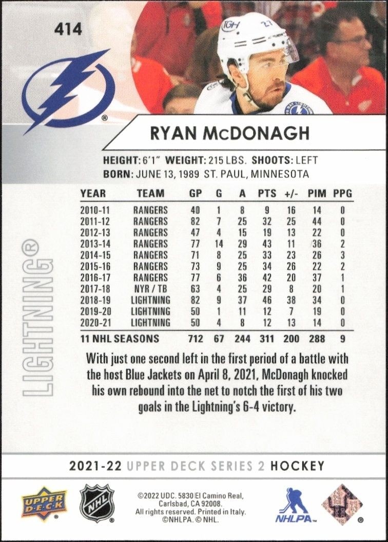 2021-22 Upper Deck Ryan McDonagh #414 hockey trading card back