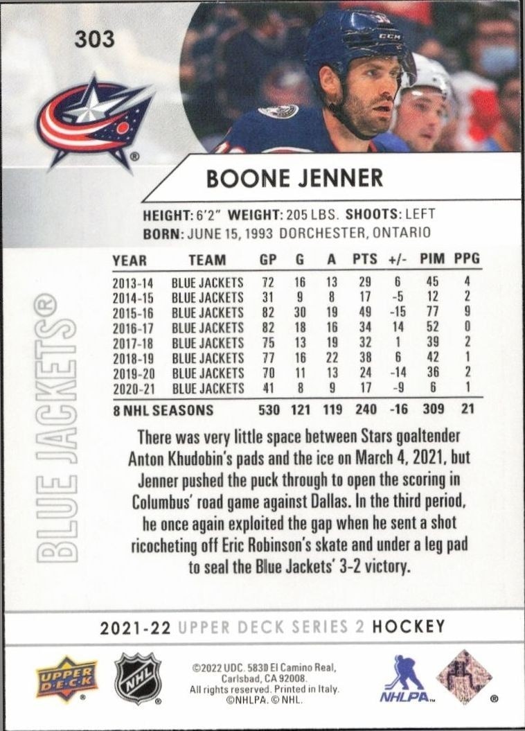2021-22 Upper Deck Boone Jenner #303 hockey trading card back