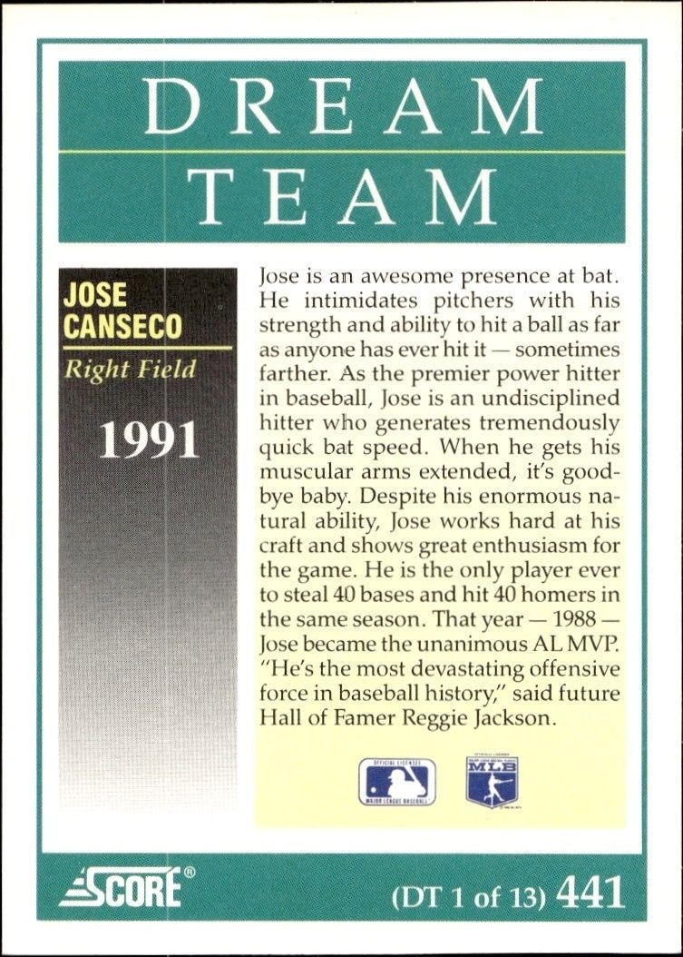 1991 Score Jose Canseco #441 baseball trading card back