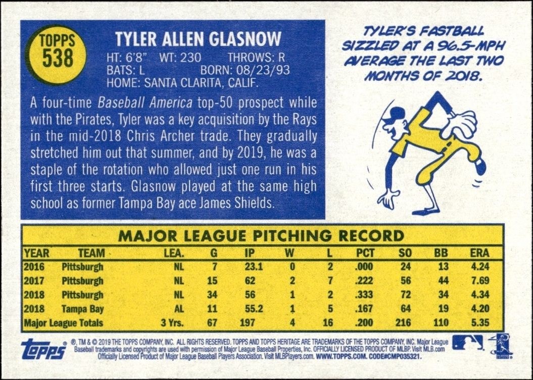 2019 Topps Heritage High Number Tyler Glasnow #538 baseball trading card back