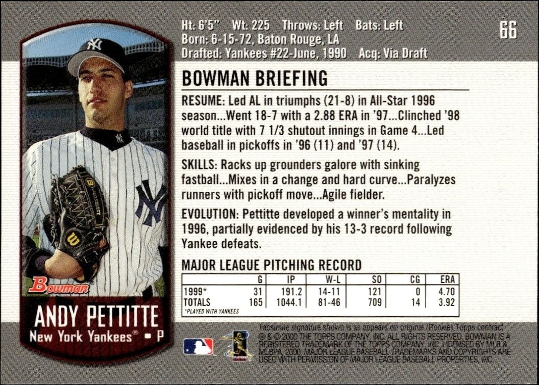 2000 Bowman Andy Pettitte #66 baseball trading card back