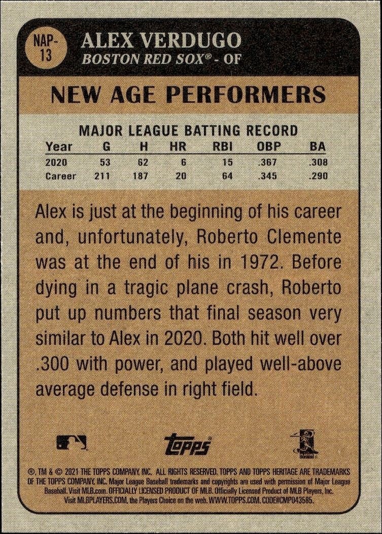 2021 Topps Heritage Alex Verdugo #NAP-13 baseball trading card back