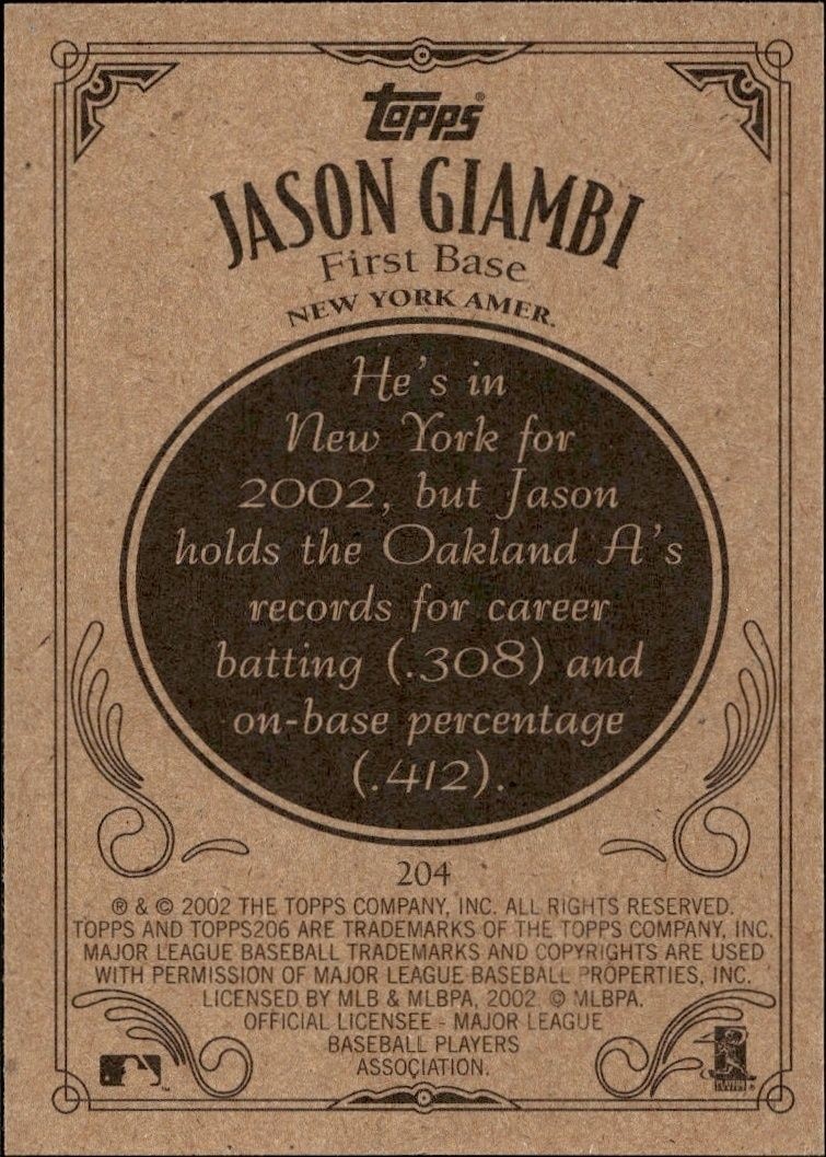 2002 Topps T206 Jason Giambi #204C baseball trading card back