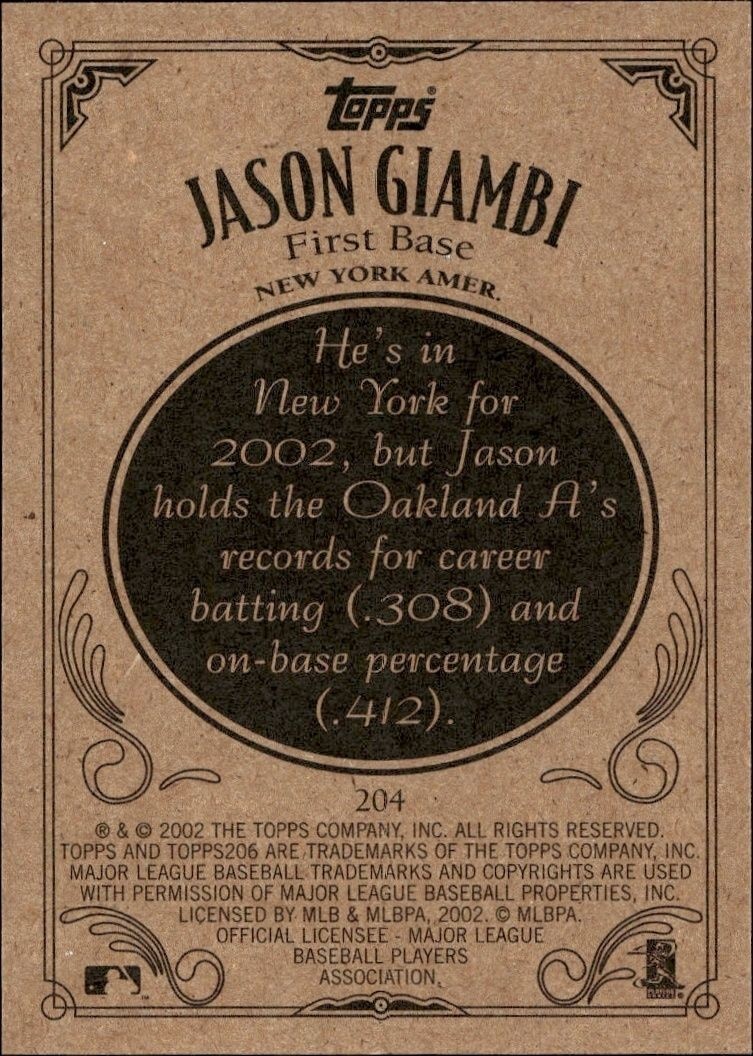 2002 Topps T206 Jason Giambi #204B baseball trading card back