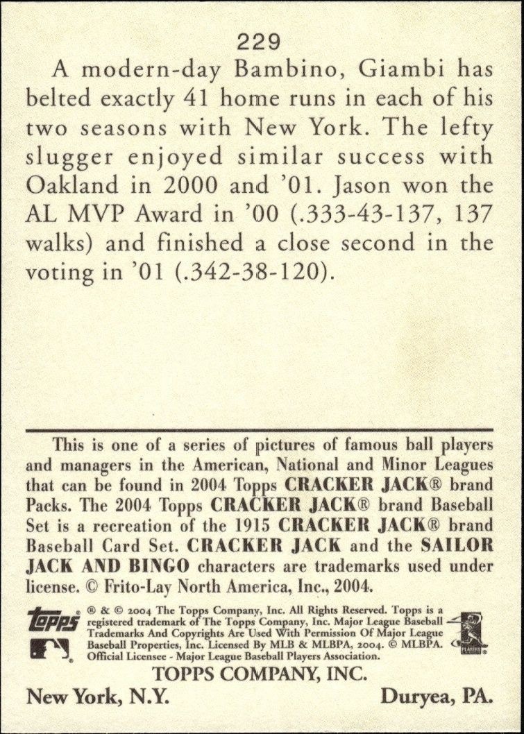 2004 Topps Cracker Jack Jason Giambi #229 baseball trading card back