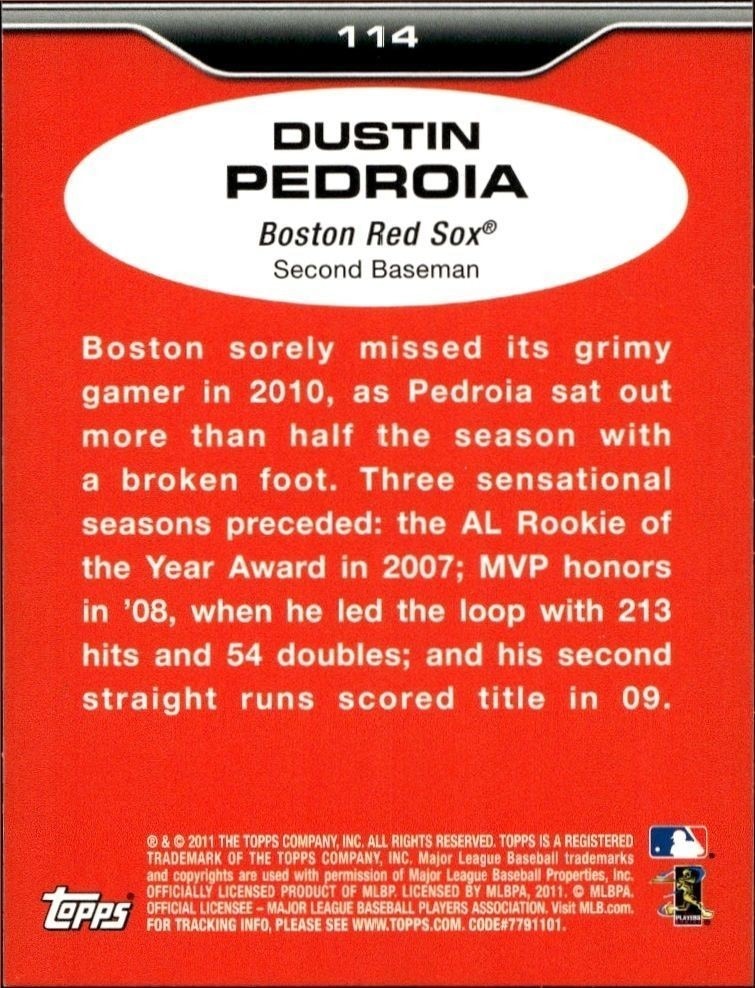 2011 Topps Lineage Dustin Pedroia #114 baseball trading card back