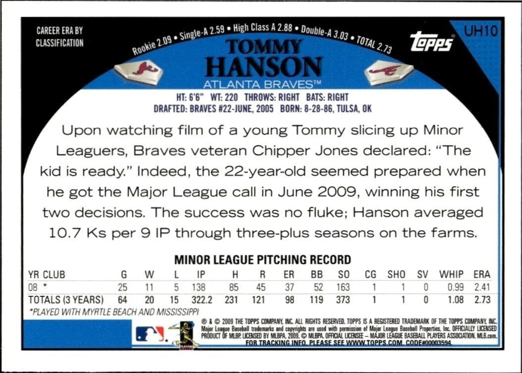 2009 Topps Updates & Highlights Tommy Hanson #UH10 baseball trading card back