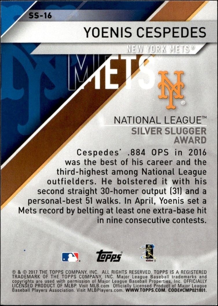 2017 Topps Yoenis Cespedes #SS-16 baseball trading card back