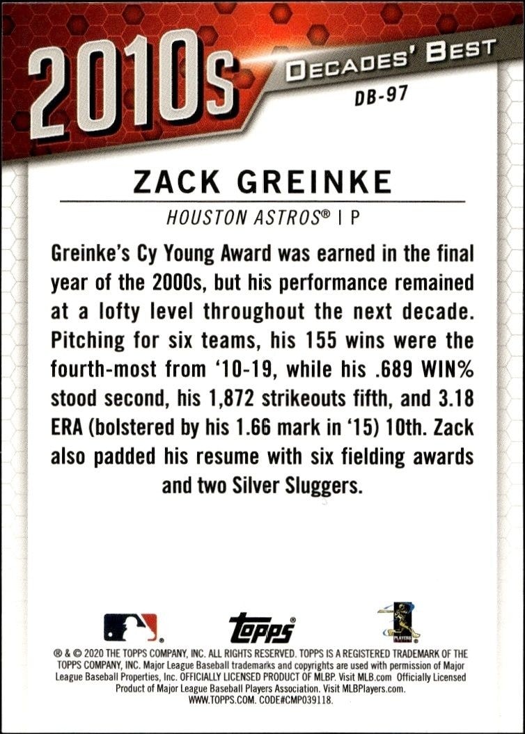 2020 Topps Series 2 Zack Greinke #DB-97 baseball trading card back