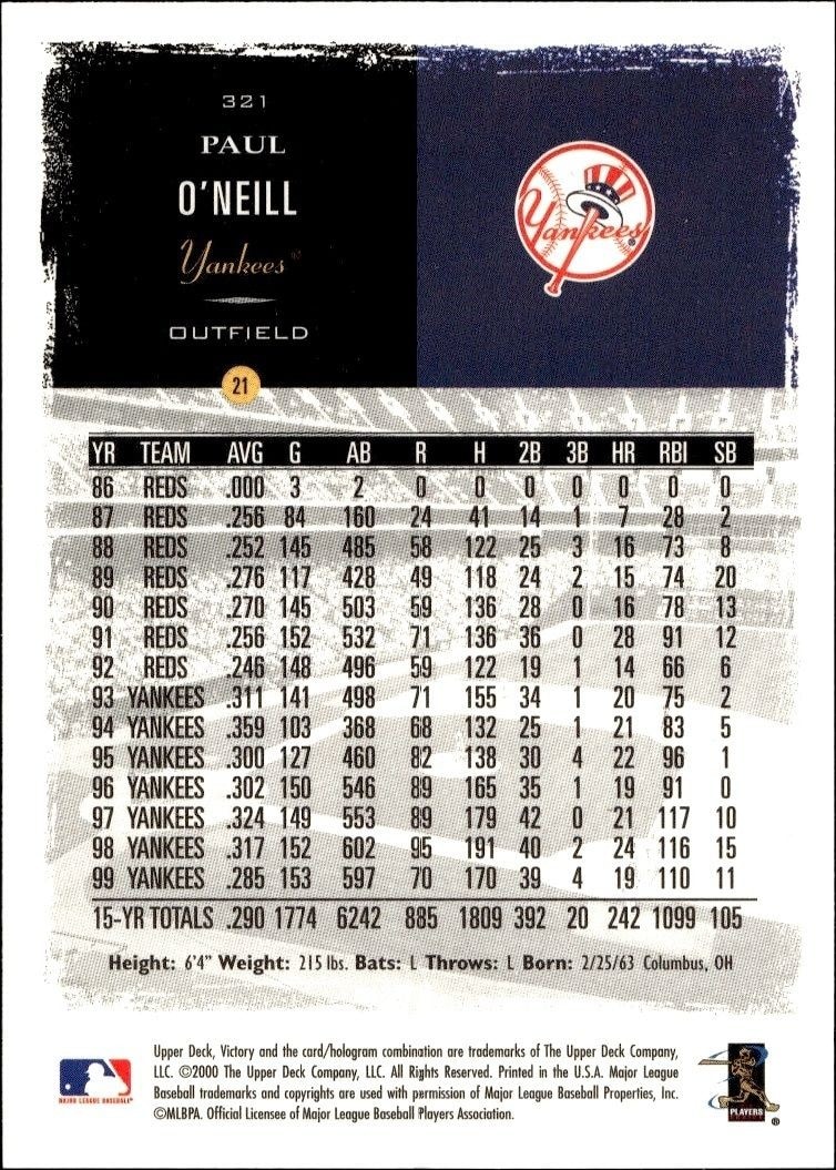 2000 Upper Deck Victory Paul O'Neill #321 baseball trading card back