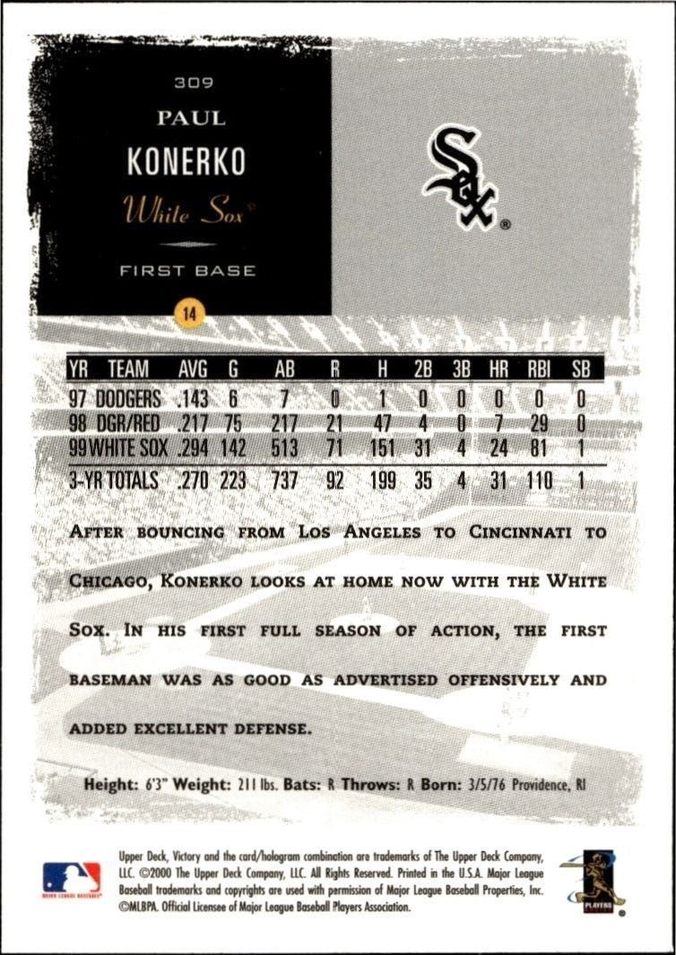 2000 Upper Deck Victory Paul Konerko #309 baseball trading card back