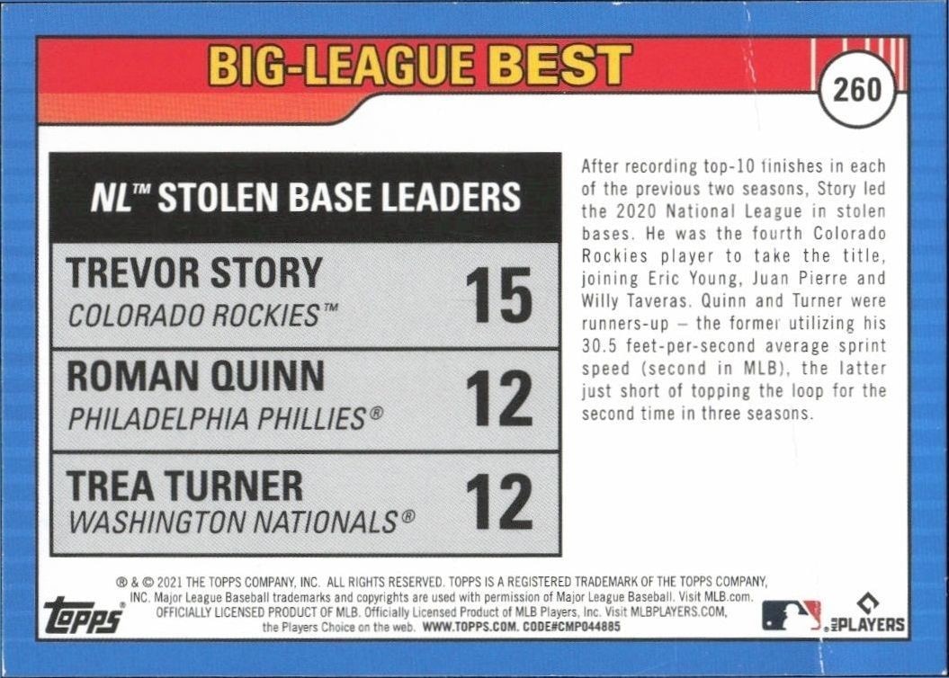 2021 Topps Big League Trevor Story #260 baseball trading card back