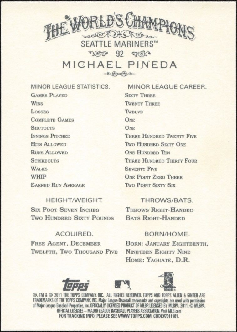 2011 Topps Allen & Ginter Michael Pineda #92 baseball trading card back